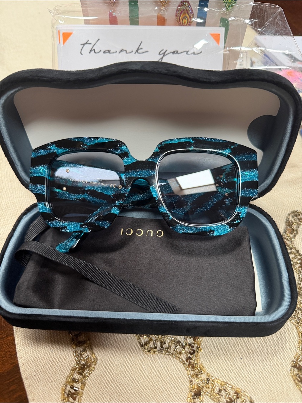 Gucci Blue Black Striped Square Sunglasses